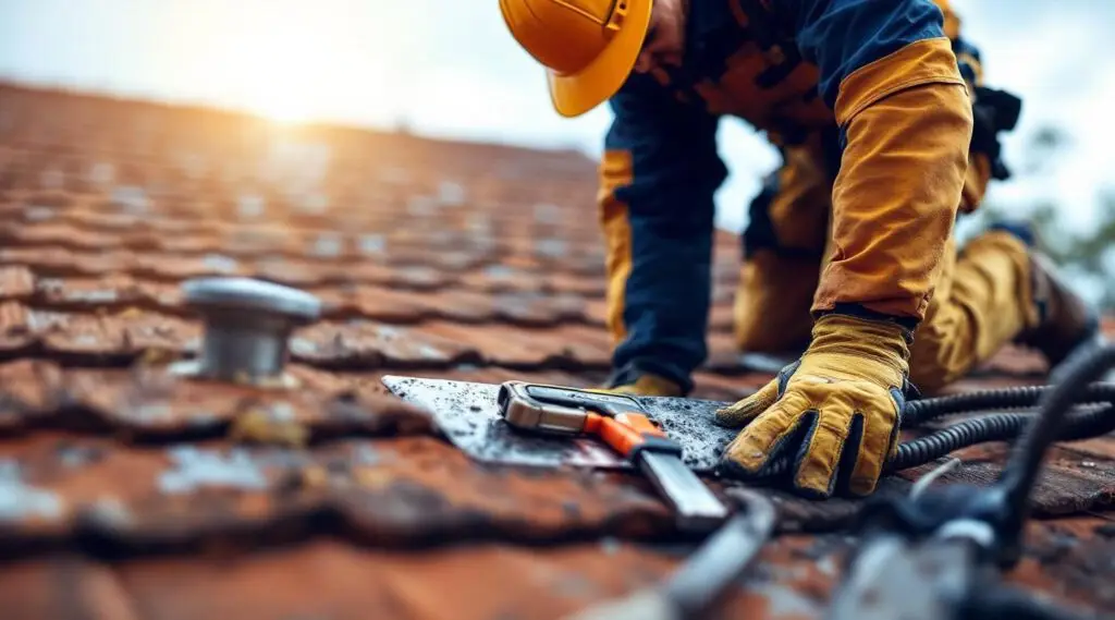 Professional roofer performing a detailed roof inspection on a residential property in Leominster