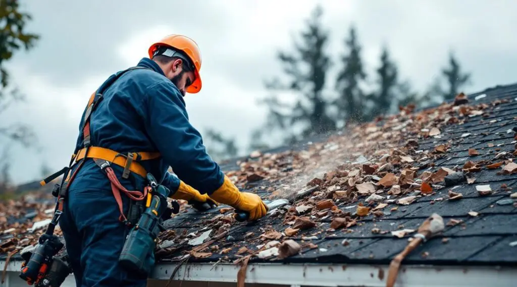 Residential roof with visible hail damage and missing shingles after a storm