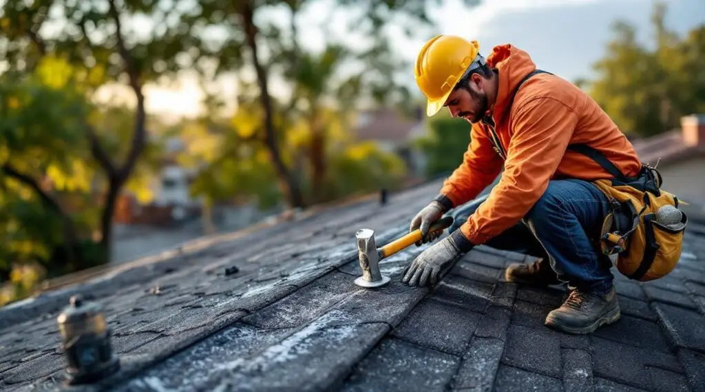 Roofing contractor inspecting a damaged roof in Leominster after a storm