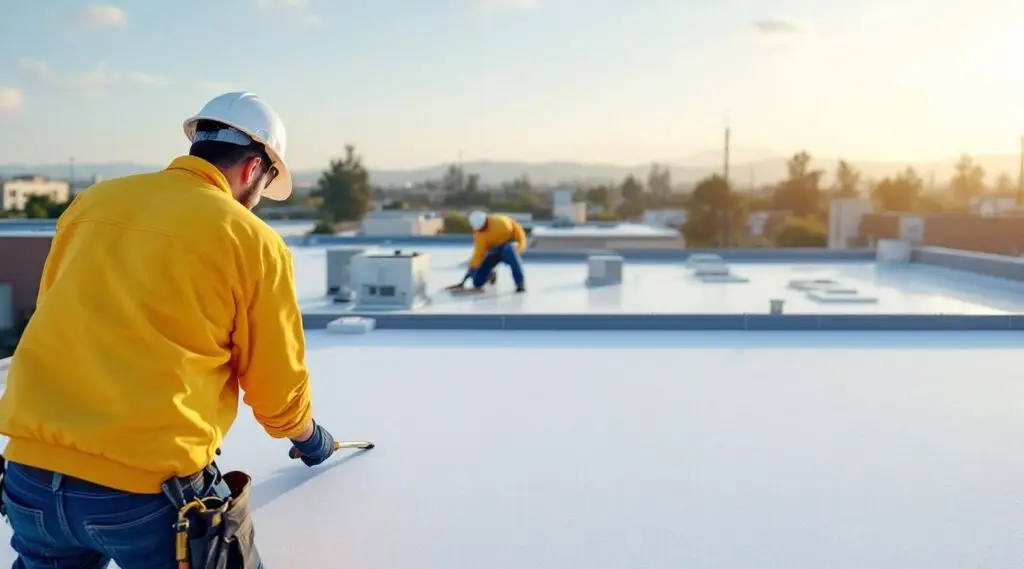 Commercial TPO roofing installation in progress on a low-slope roof in Leominster